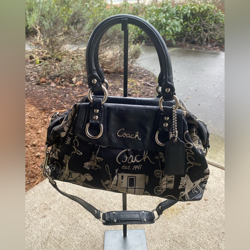 Coach Ashley Satchel Signature Black and Cream Women's Bag